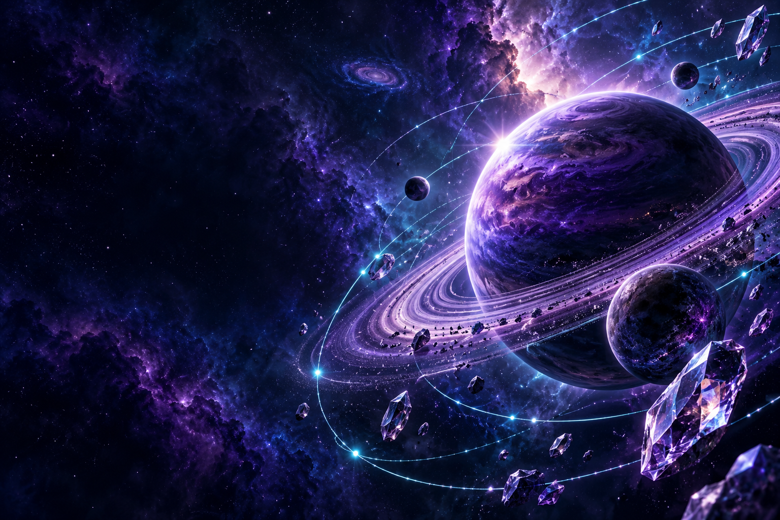 Violetter Ringplanet mit Sternen und Kristallen