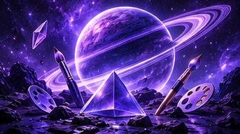 Violetter Planet mit kreativen Design-Werkzeugen